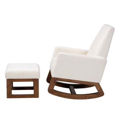 Baxton Studio - Yashiya Rocking Chair with Footstool in Off-White/Walnut Brown - BBT5199-Cream/Walnut Set view 3