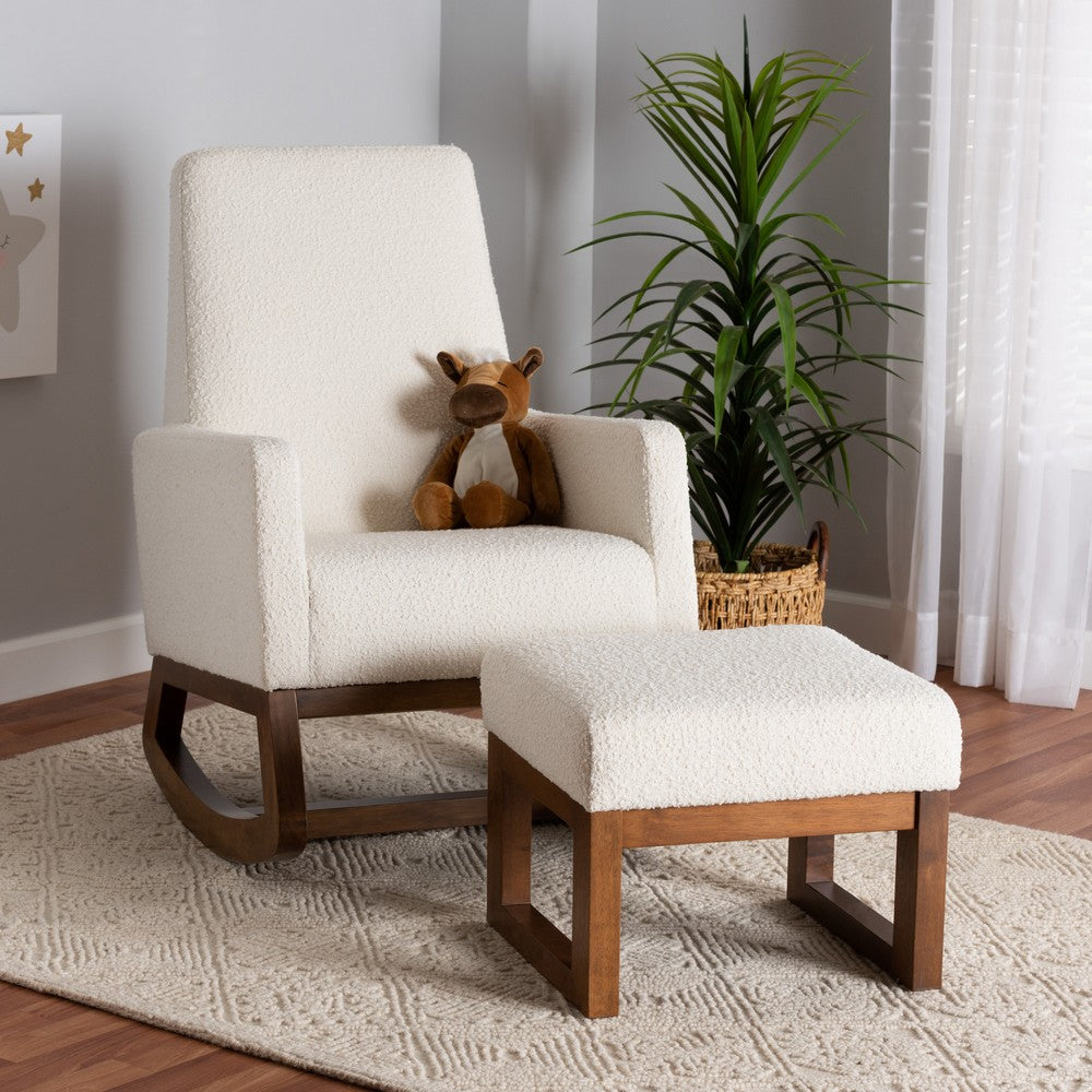 Baxton Studio - Yashiya Rocking Chair with Footstool in Off-White/Walnut Brown - BBT5199-Cream/Walnut Set view 8