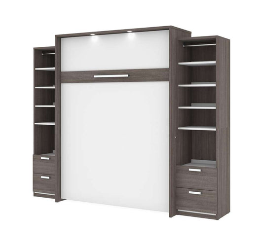 Bestar - Cielo 105W Queen Murphy Bed and 2 Narrow Shelving Units with Drawers (104W) in Bark Grey & White - 80883-47 veiw 1