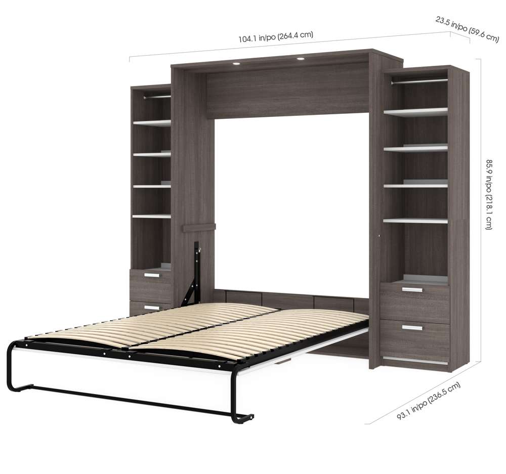 Bestar - Cielo 105W Queen Murphy Bed and 2 Narrow Shelving Units with Drawers (104W) in Bark Grey & White - 80883-47 veiw 4