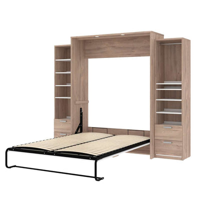 Bestar - Cielo 105W Queen Murphy Bed and 2 Narrow Shelving Units with Drawers (104W) in Rustic Brown & White - 80883-000009 veiw 2