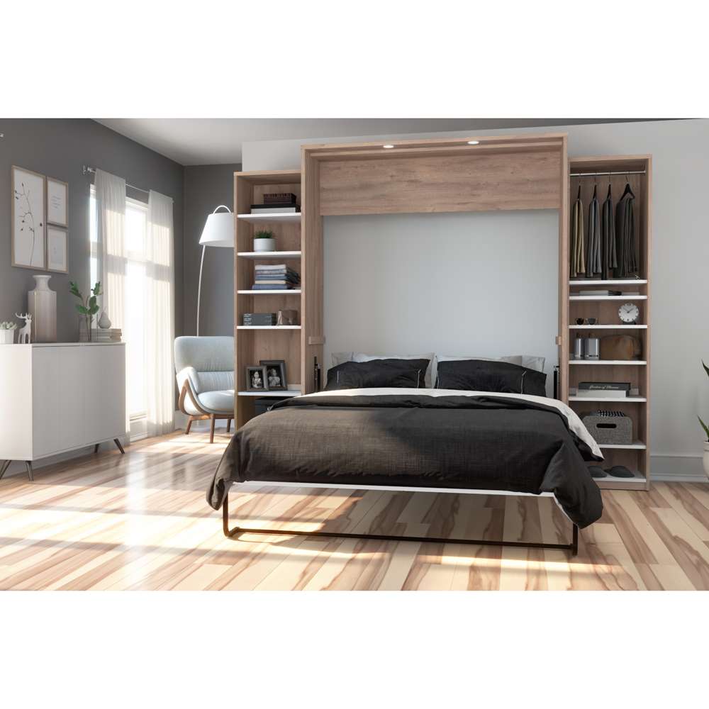 Bestar - Cielo 105W Queen Murphy Bed and 2 Narrow Shelving Units with Drawers (104W) in Rustic Brown & White - 80883-000009 veiw 4
