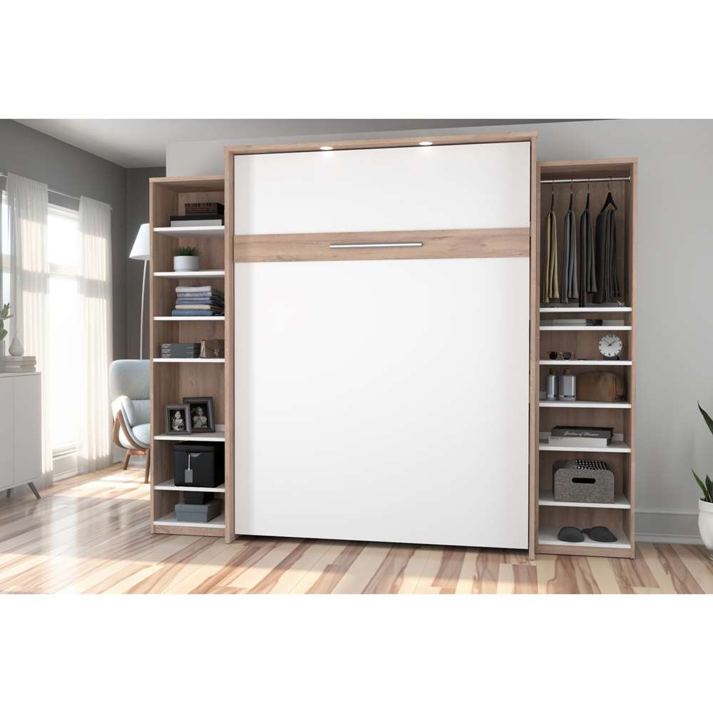 Bestar - Cielo 105W Queen Murphy Bed and 2 Narrow Shelving Units with Drawers (104W) in Rustic Brown & White - 80883-000009 veiw 5