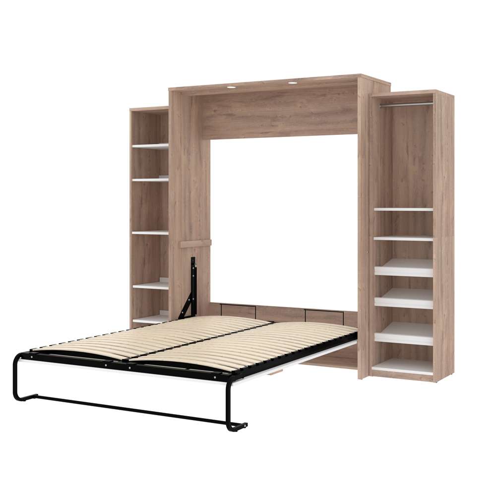 Bestar - Cielo 105W Queen Murphy Bed with 2 Narrow Shelving Units (104W) in Rustic Brown & White - 80886-000009 veiw 2