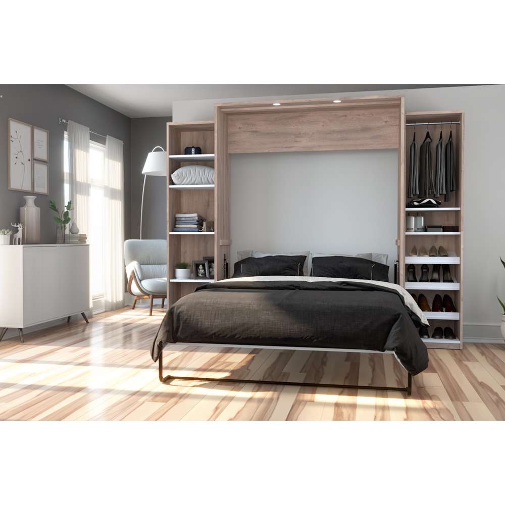 Bestar - Cielo 105W Queen Murphy Bed with 2 Narrow Shelving Units (104W) in Rustic Brown & White - 80886-000009 veiw 5