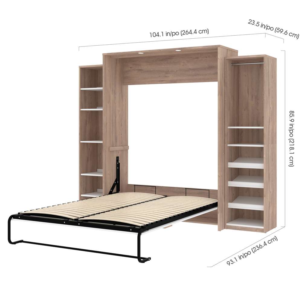 Bestar - Cielo 105W Queen Murphy Bed with 2 Narrow Shelving Units (104W) in Rustic Brown & White - 80886-000009 veiw 6