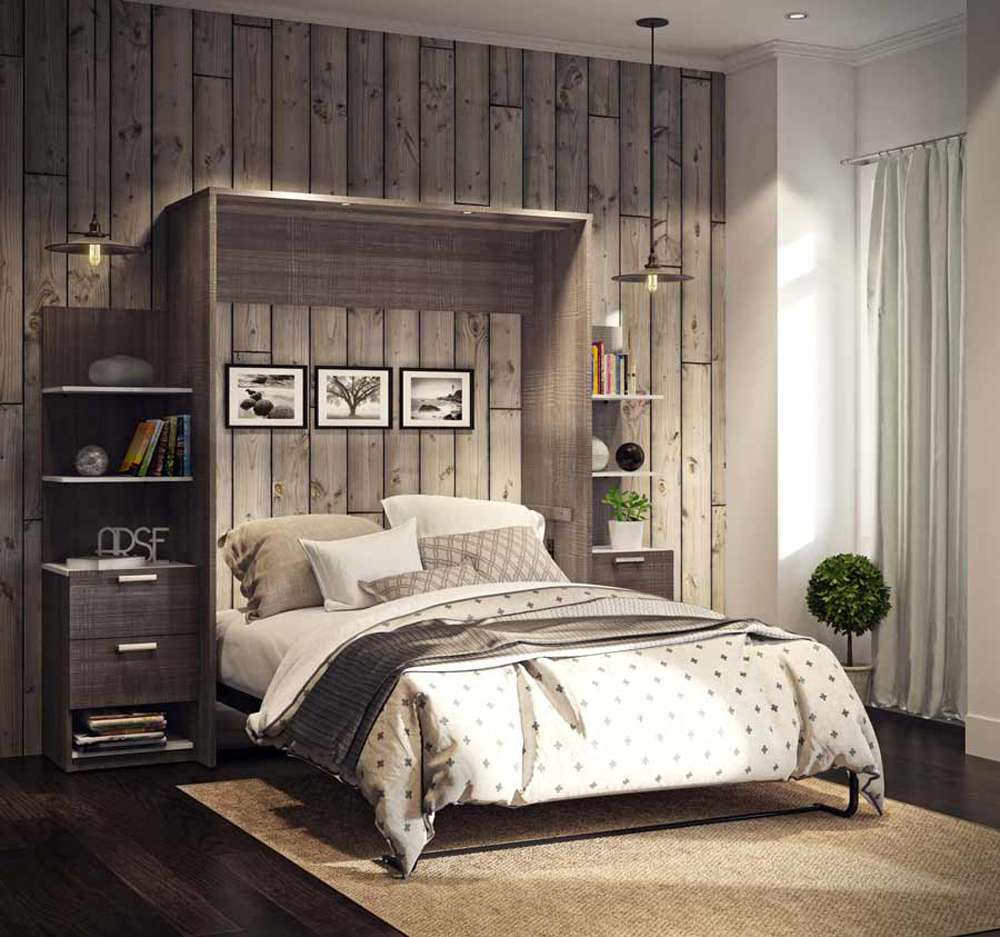 Bestar - Cielo 105W Queen Murphy Bed with Floating Shelves and Drawers (104W) in Bark Grey & White - 80881-47 veiw 2