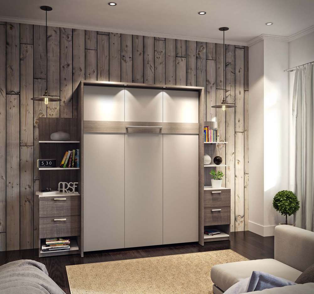 Bestar - Cielo 105W Queen Murphy Bed with Floating Shelves and Drawers (104W) in Bark Grey & White - 80881-47 veiw 3