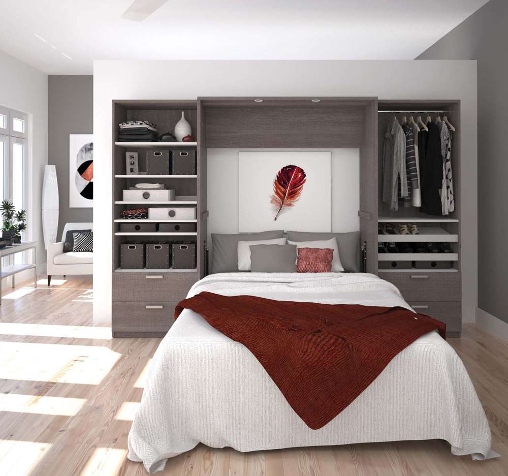 Bestar - Cielo 119W Full Murphy Bed and 2 Shelving Units with Drawers (118W) in Bark Grey & White - 80895-47 veiw 2