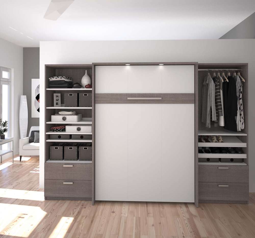 Bestar - Cielo 119W Full Murphy Bed and 2 Shelving Units with Drawers (118W) in Bark Grey & White - 80895-47 veiw 3