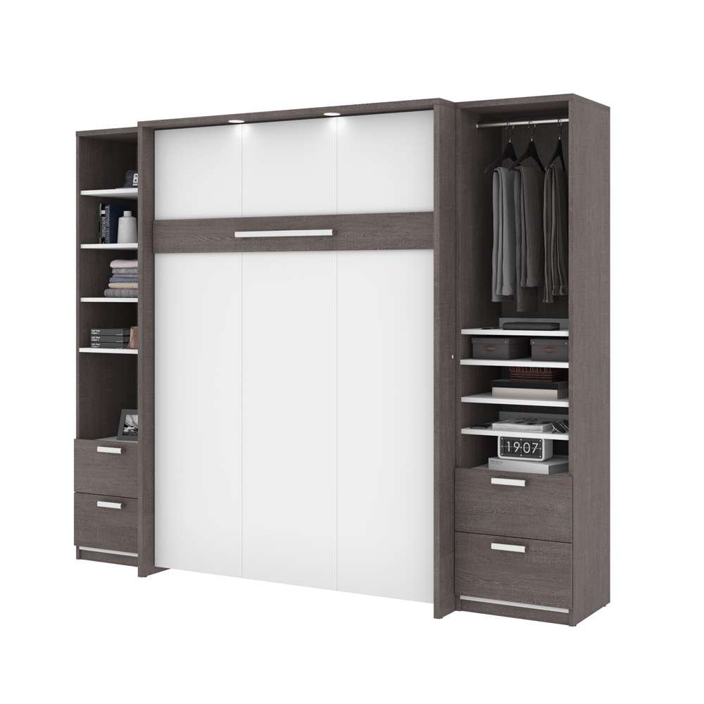 Bestar - Cielo 99W Full Murphy Bed and 2 Narrow Shelving Units with Drawers (98W) in Bark Grey & White - 80893-47 veiw 2
