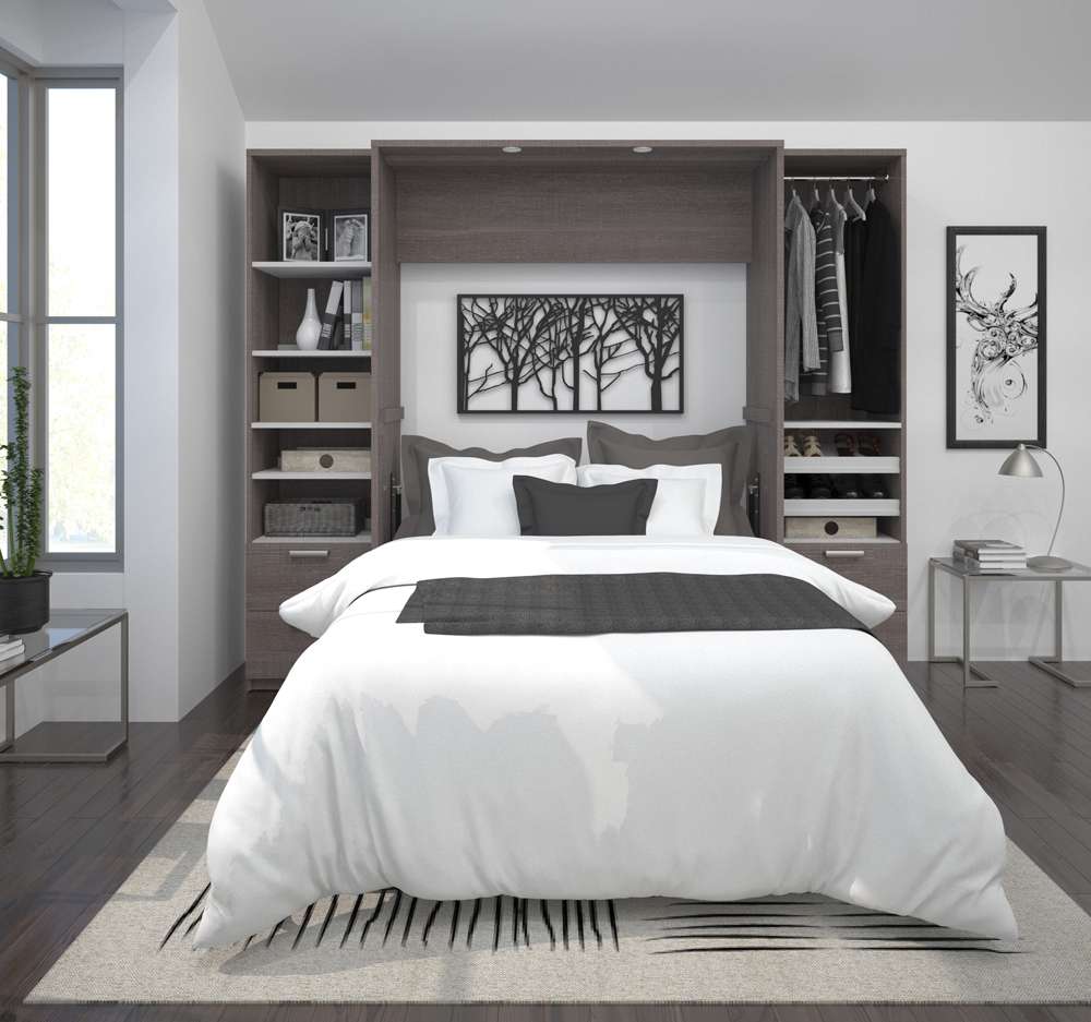 Bestar - Cielo 99W Full Murphy Bed and 2 Narrow Shelving Units with Drawers (98W) in Bark Grey & White - 80893-47 veiw 4