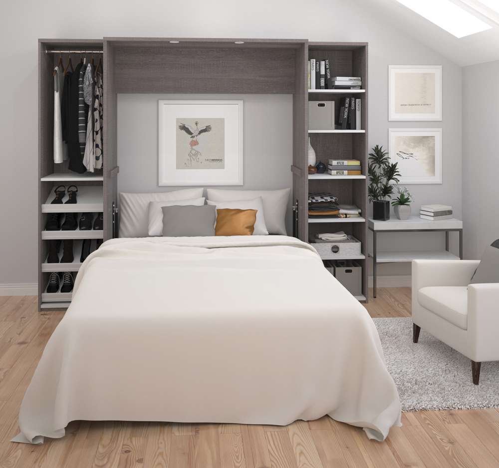 Bestar - Cielo 99W Full Murphy Bed with 2 Narrow Shelving Units (98W) in Bark Grey & White - 80896-47 veiw 2