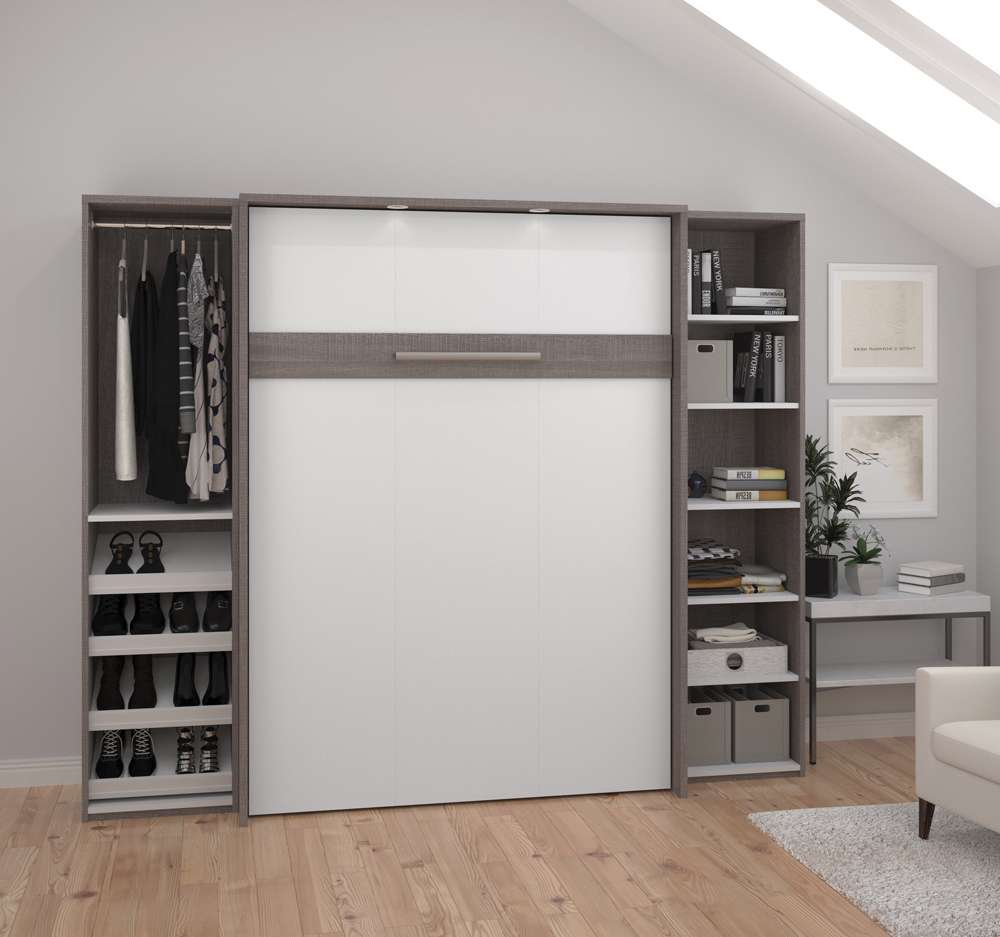Bestar - Cielo 99W Full Murphy Bed with 2 Narrow Shelving Units (98W) in Bark Grey & White - 80896-47 veiw 3