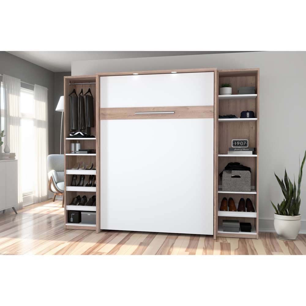 Bestar - Cielo 99W Full Murphy Bed with 2 Narrow Shelving Units (98W) in Rustic Brown & White - 80896-000009 veiw 4