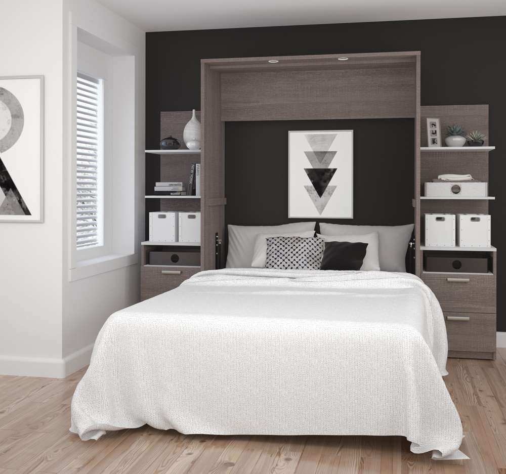 Bestar - Cielo 99W Full Murphy Bed with Floating Shelves and Drawers (98W) in Bark Grey & White - 80891-47 veiw 5