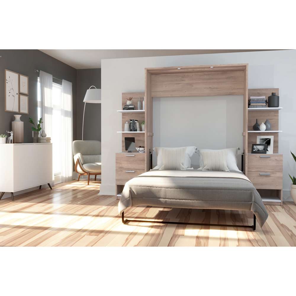Bestar - Cielo 99W Full Murphy Bed with Floating Shelves and Drawers (98W) in Rustic Brown & White - 80891-000009 veiw 5