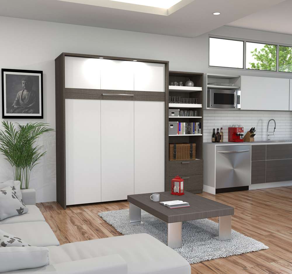Bestar - Cielo Queen Murphy Bed and Shelving Unit with Drawers (95W) in Bark Grey & White - 80882-47 veiw 3