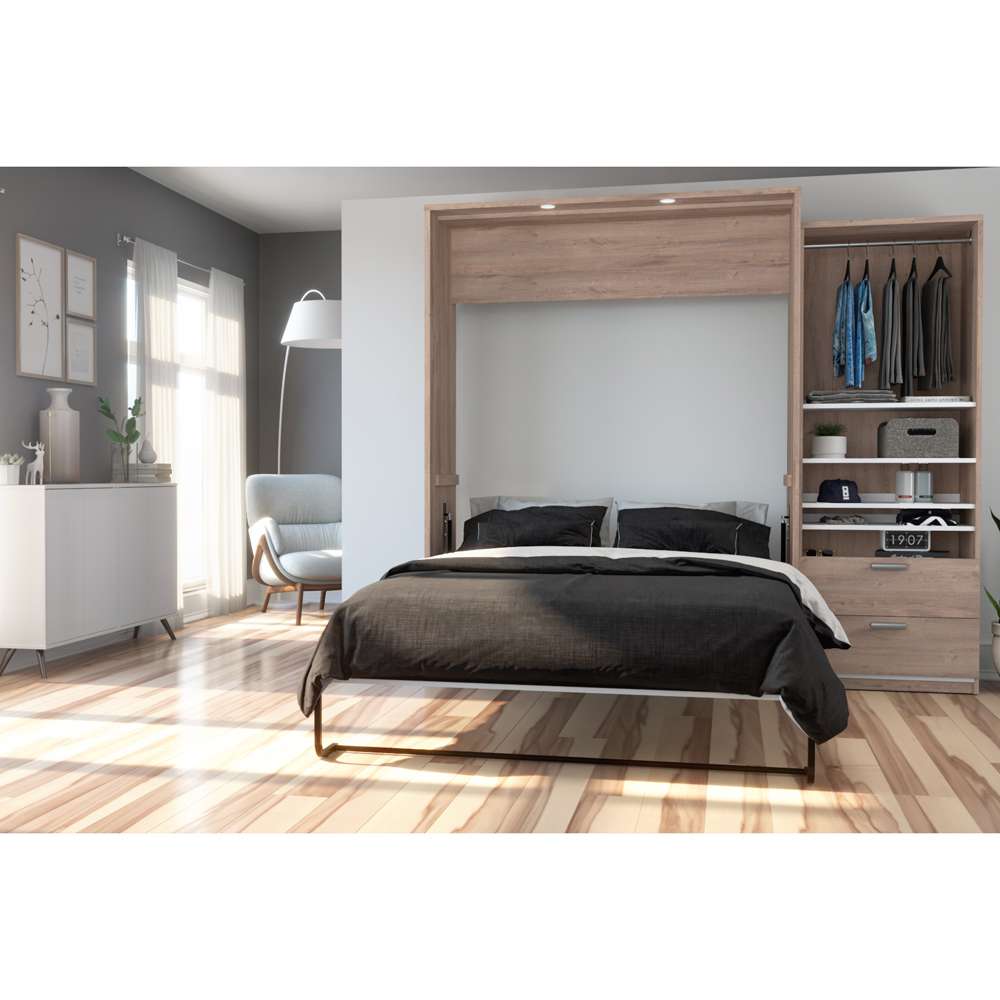 Bestar - Cielo Queen Murphy Bed and Shelving Unit with Drawers (95W) in Rustic Brown & White - 80882-000009 veiw 4