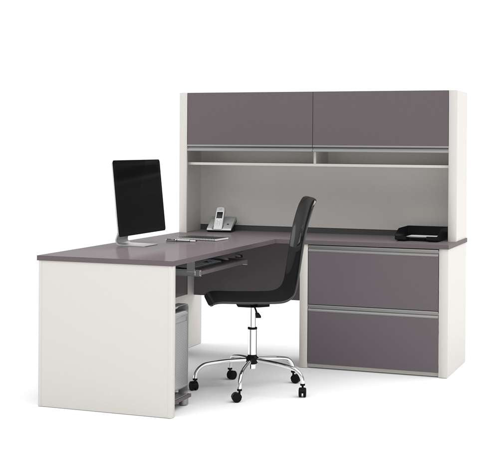 Bestar - Connexion 72W L-Shaped Desk with Lateral File Cabinet and Hutch in Slate & Sandstone - 93867-59 veiw 1