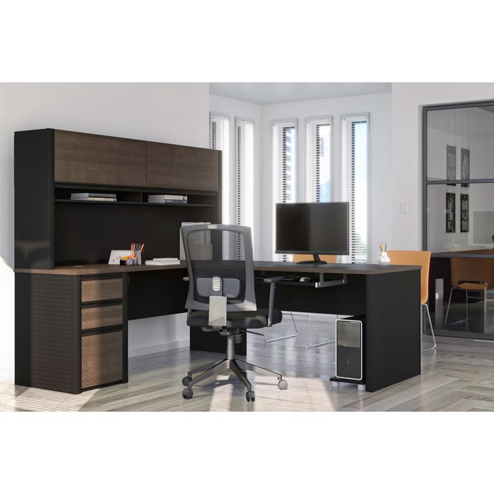 Bestar - Connexion 72W L-Shaped Desk with Pedestal and Hutch in Antigua & Black - 93859-000052 veiw 3