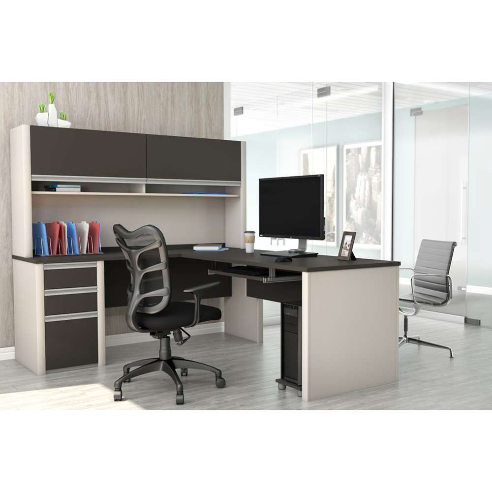 Bestar - Connexion 72W L-Shaped Desk with Pedestal and Hutch in Slate & Sandstone - 93859-59 veiw 2