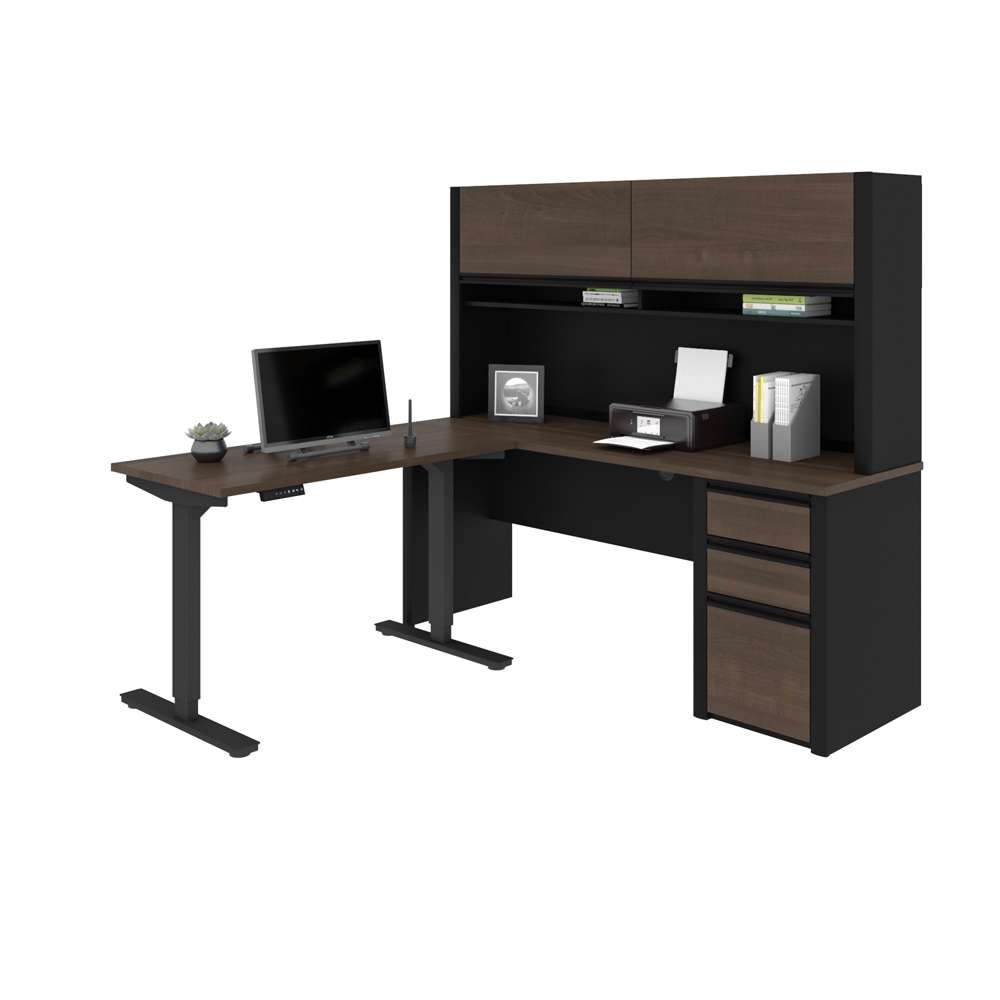 Bestar - Connexion 72W L-Shaped Standing Desk with Pedestal and Hutch in Antigua & Black - 93886-000052 veiw 1
