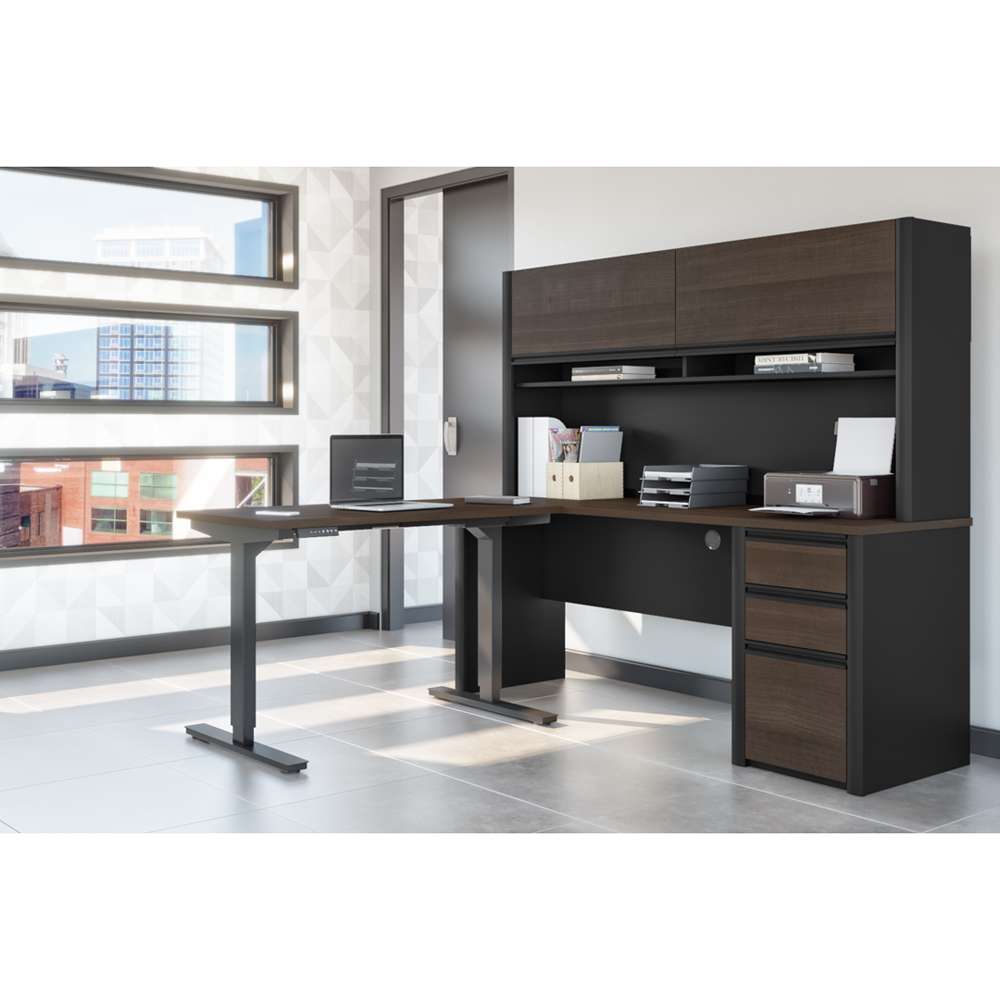 Bestar - Connexion 72W L-Shaped Standing Desk with Pedestal and Hutch in Antigua & Black - 93886-000052 veiw 4