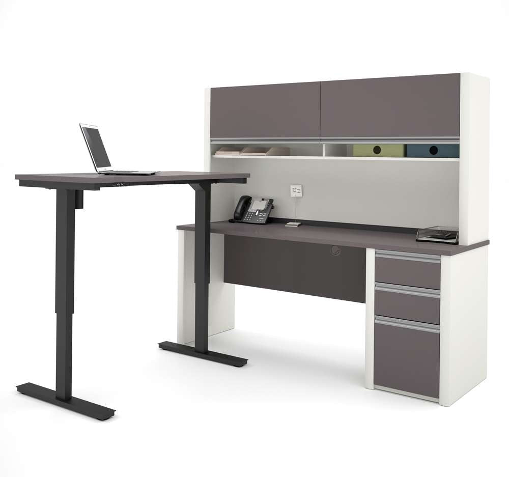 Bestar - Connexion 72W L-Shaped Standing Desk with Pedestal and Hutch in Slate & Sandstone - 93886-59 veiw 1