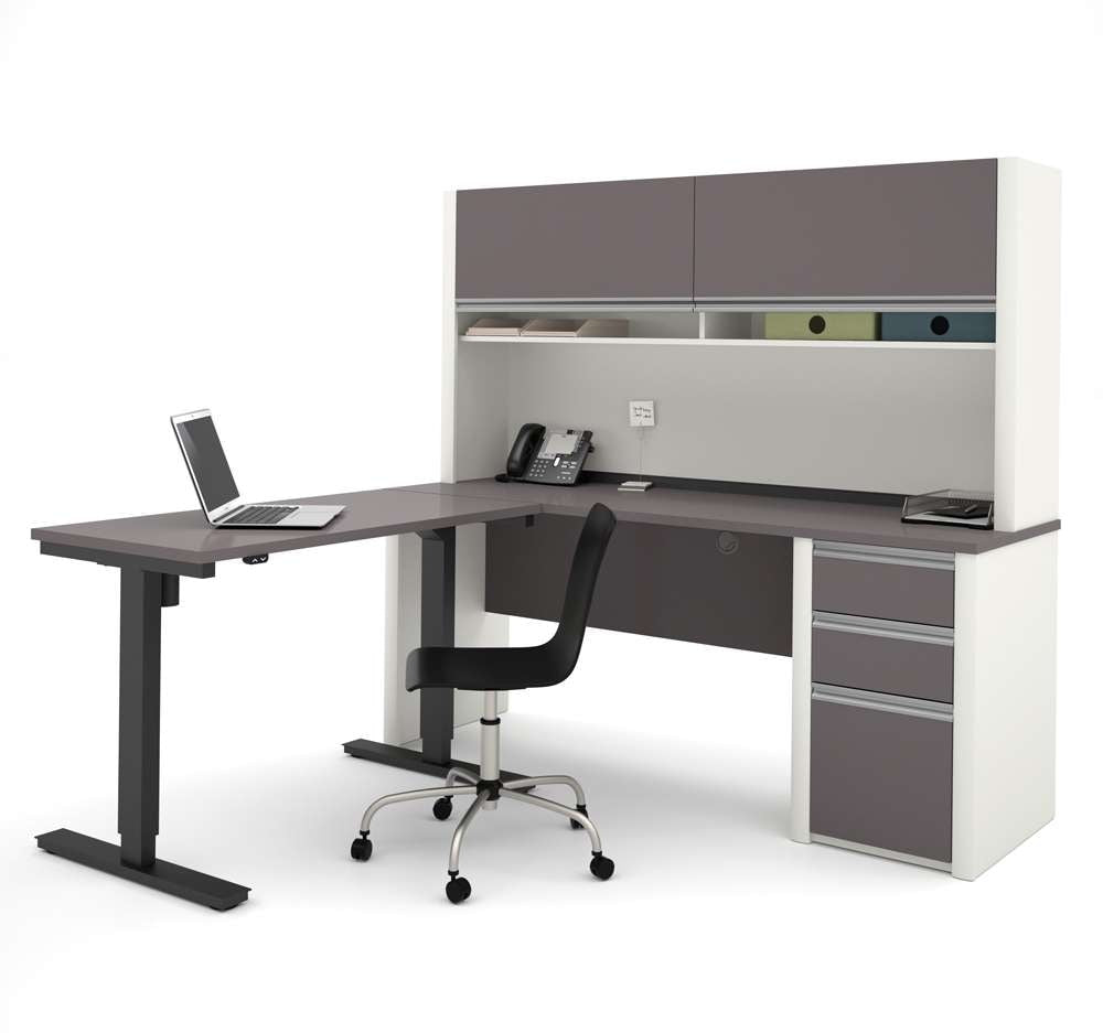 Bestar - Connexion 72W L-Shaped Standing Desk with Pedestal and Hutch in Slate & Sandstone - 93886-59 veiw 2