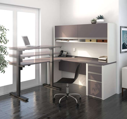Bestar - Connexion 72W L-Shaped Standing Desk with Pedestal and Hutch in Slate & Sandstone - 93886-59 veiw 3