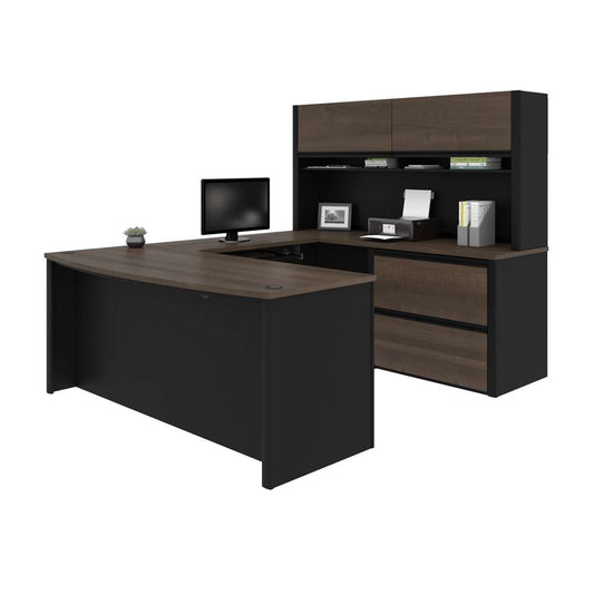 Bestar - Connexion 72W U-Shaped Executive Desk with Lateral File Cabinet and Hutch in Antigua & Black - 93863-000052 veiw 1