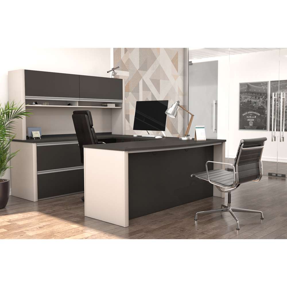 Bestar - Connexion 72W U-Shaped Executive Desk with Lateral File Cabinet and Hutch in Slate & Sandstone - 93863-59 veiw 2