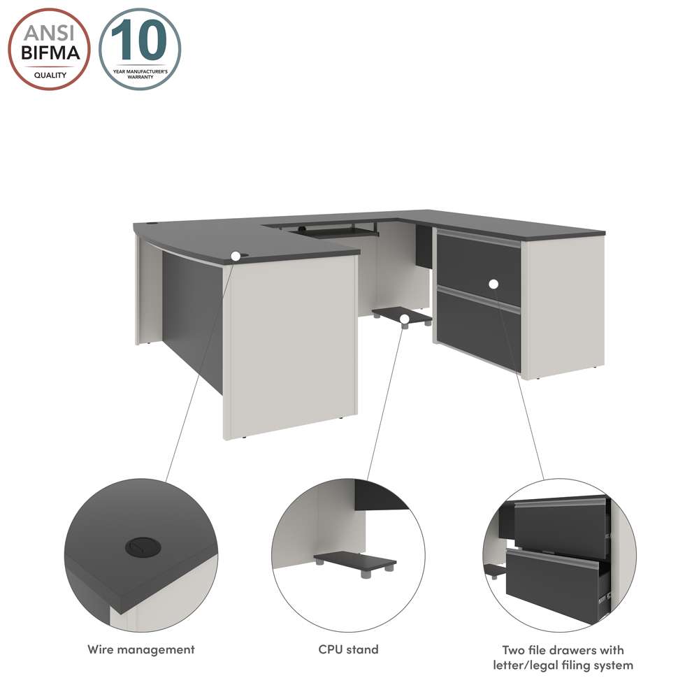 Bestar - Connexion 72W U-Shaped Executive Desk with Lateral File Cabinet in Slate & Sandstone - 93865-59 veiw 7