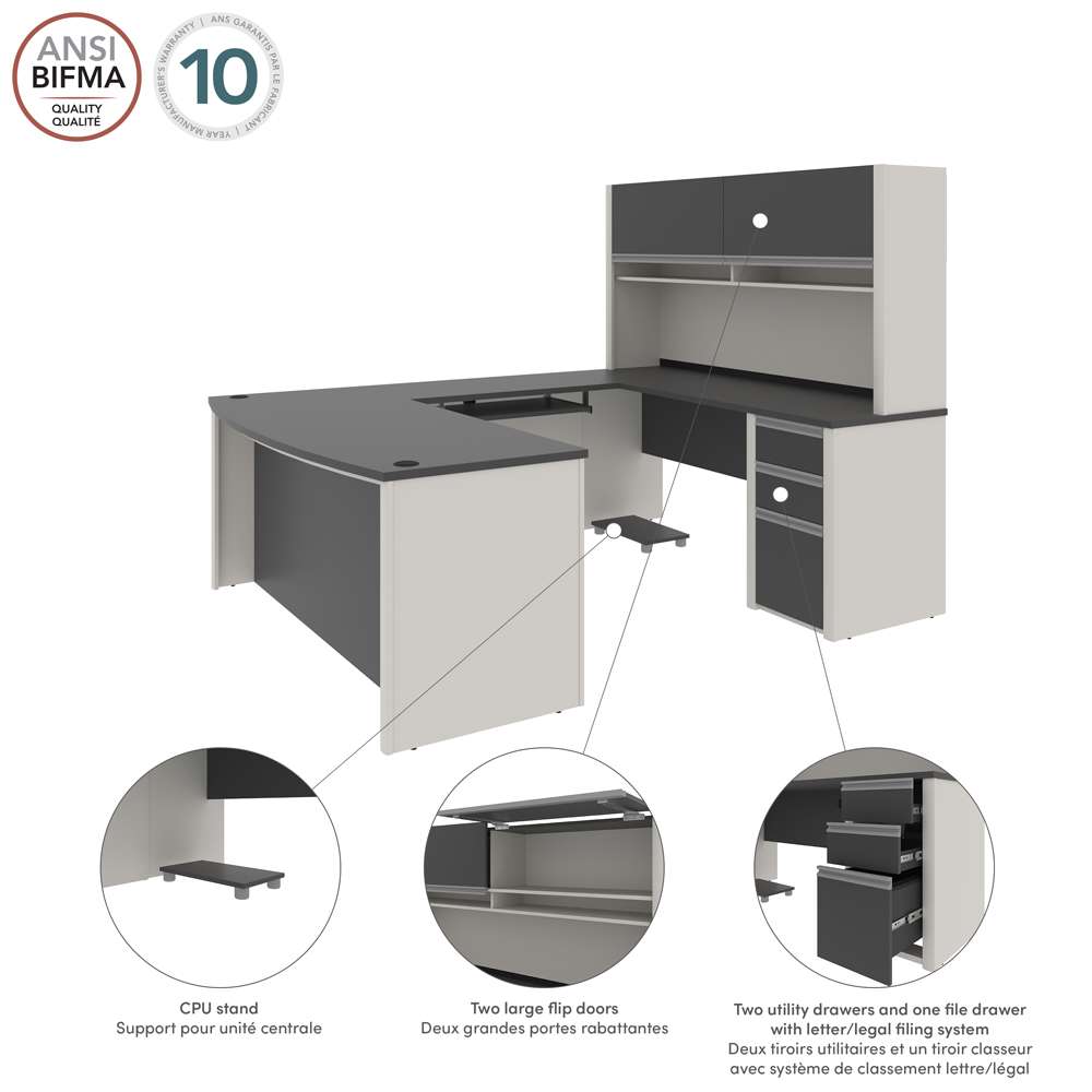 Bestar - Connexion 72W U-Shaped Executive Desk with Pedestal and Hutch in Slate & Sandstone - 93879-59 veiw 7