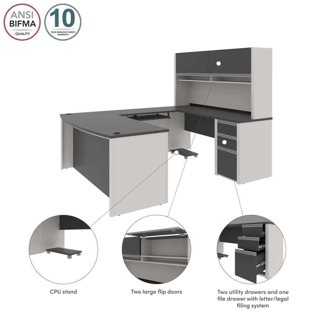 Bestar - Connexion 72W U-Shaped Executive Desk with Pedestal and Hutch in Slate & Sandstone - 93879-59 veiw 8