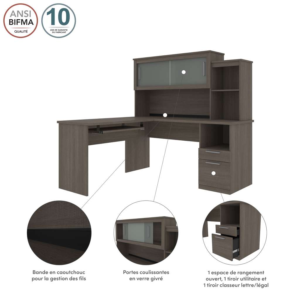 Bestar - Dayton 63W 65W L-Shaped Desk with Hutch in Bark Grey - 88420-47 veiw 8