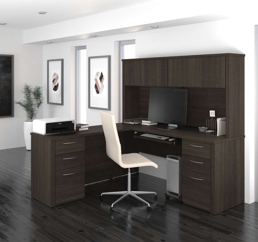 Bestar - Embassy 72W L-Shaped Desk with Hutch and 2 Pedestals in Dark Chocolate - 60893-79 veiw 3