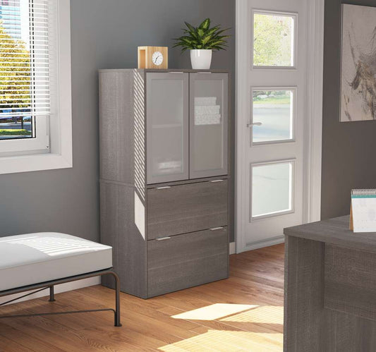 Bestar - I3 Plus 31W Lateral File Cabinet with Frosted Glass Doors Hutch in Bark Grey - 160870-47 veiw 2