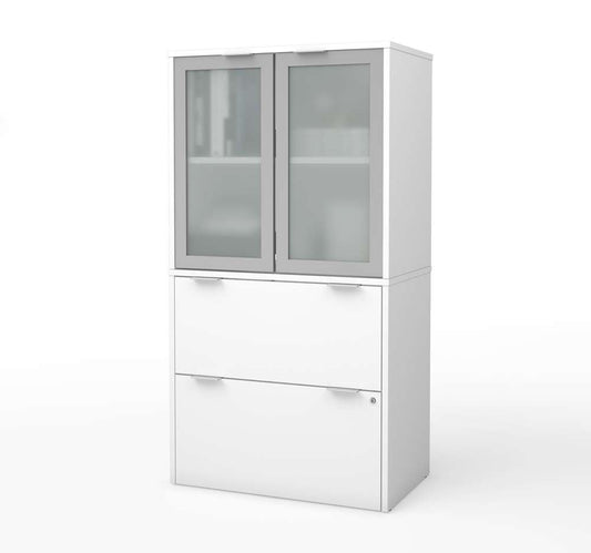 Bestar - I3 Plus 31W Lateral File Cabinet with Frosted Glass Doors Hutch in White - 160870-17 veiw 1