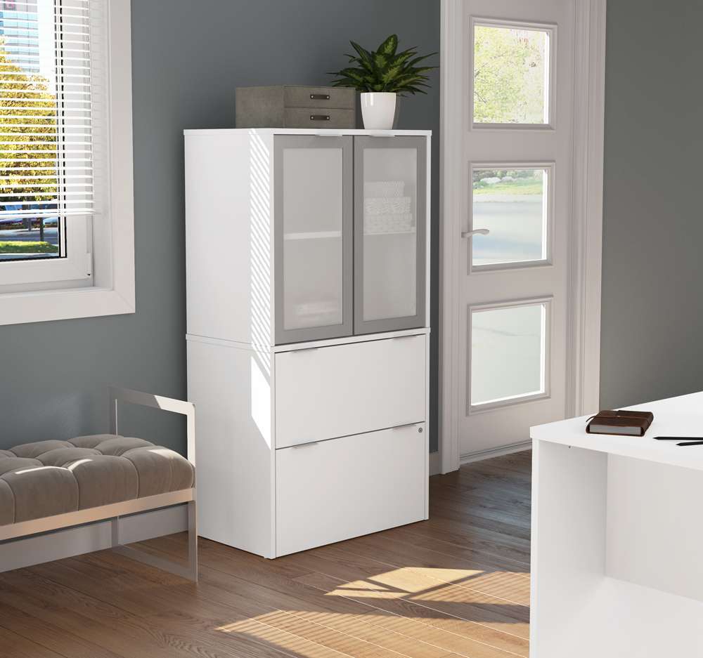 Bestar - I3 Plus 31W Lateral File Cabinet with Frosted Glass Doors Hutch in White - 160870-17 veiw 2