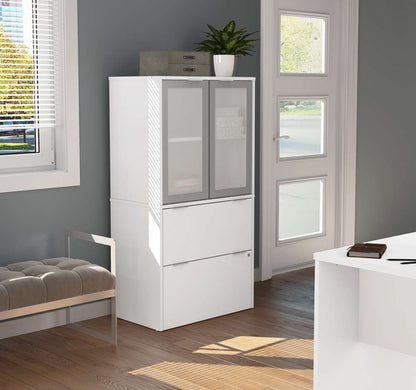Bestar - I3 Plus 31W Lateral File Cabinet with Frosted Glass Doors Hutch in White - 160870-17 veiw 2