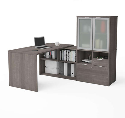Bestar - I3 Plus 72W L-Shaped Desk with Frosted Glass Door Hutch in Bark Grey - 160851-47 veiw 1