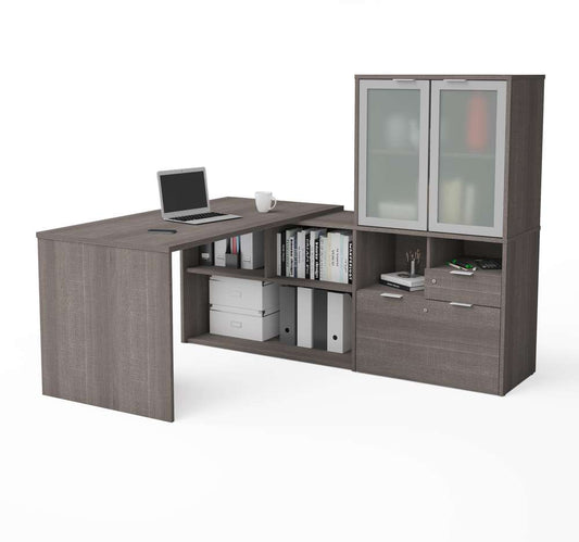 Bestar - I3 Plus 72W L-Shaped Desk with Frosted Glass Door Hutch in Bark Grey - 160851-47 veiw 1