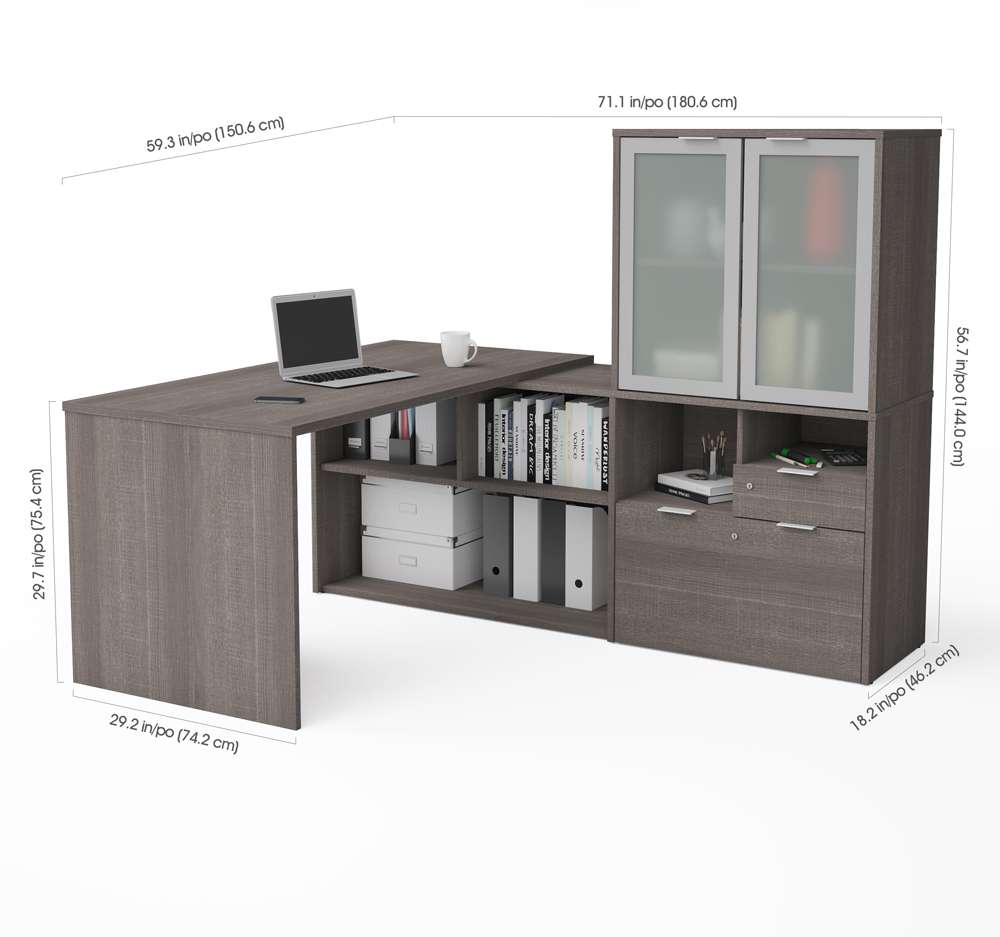 Bestar - I3 Plus 72W L-Shaped Desk with Frosted Glass Door Hutch in Bark Grey - 160851-47 veiw 3