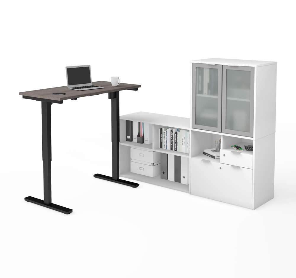 Bestar - I3 Plus 72W L-Shaped Standing Desk and Hutch with Frosted Glass Doors in Bark Grey & White - 160886-4717 veiw 1