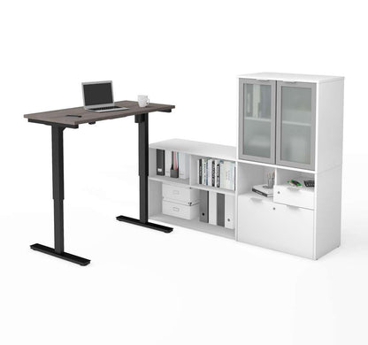 Bestar - I3 Plus 72W L-Shaped Standing Desk and Hutch with Frosted Glass Doors in Bark Grey & White - 160886-4717 veiw 1