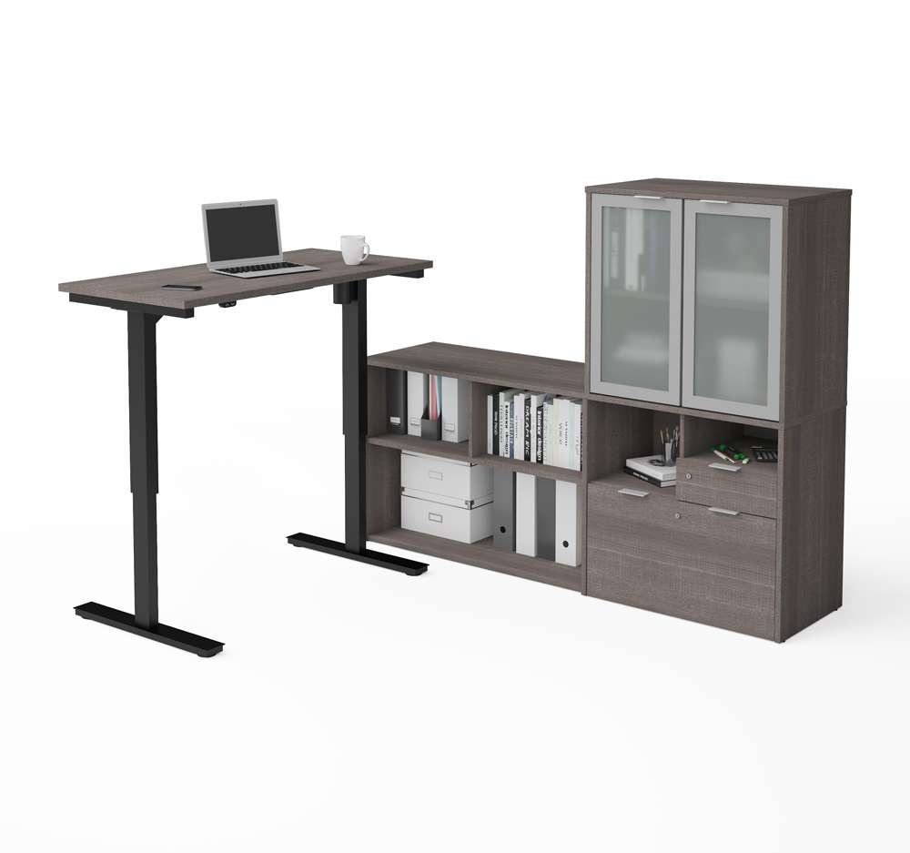 Bestar - I3 Plus 72W L-Shaped Standing Desk and Hutch with Frosted Glass Doors in Bark Grey - 160886-47 veiw 1
