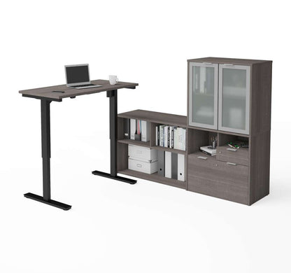 Bestar - I3 Plus 72W L-Shaped Standing Desk and Hutch with Frosted Glass Doors in Bark Grey - 160886-47 veiw 1