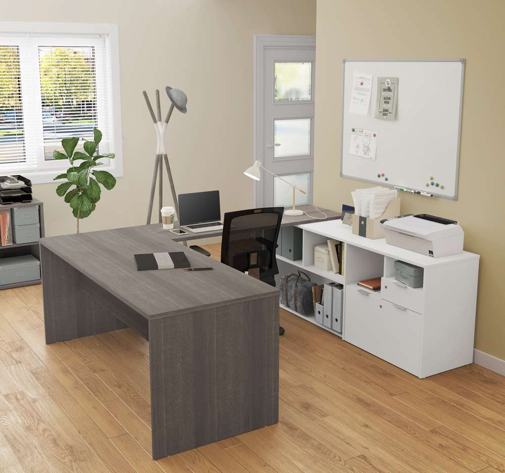 Bestar - I3 Plus 72W U-Shaped Executive Desk in Bark Grey & White - 160860-4717 veiw 2